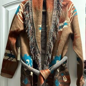 Southwestern Fringe Knit Cardigan in Caramel & Teal